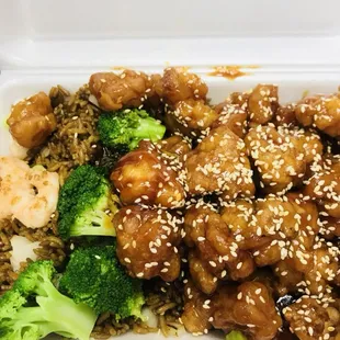 Sesame chicken with shrimp fried rice