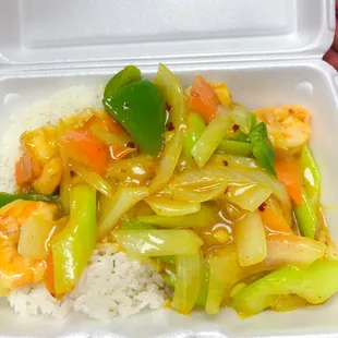 Curry shrimp over white rice!