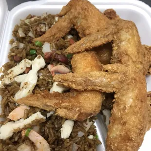 Wings and house fried rice( chicken, pork, and shrimp)!