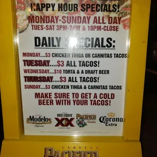 Happy hour and Daily Specials