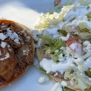 chicken tinga taco, guacamole tostada