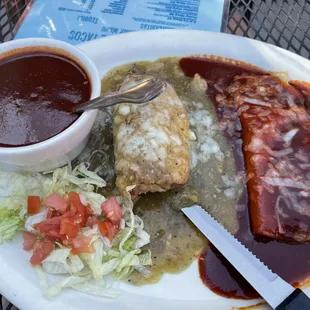 chile relleño with green chile, cheese enchilada with red chile, extra red chile