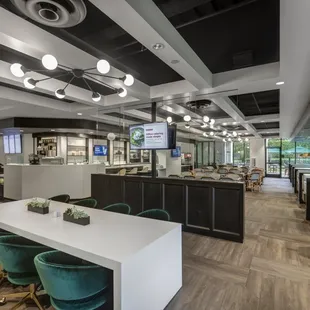 Comfortable indoor seating with a lot of natural light.