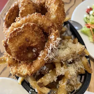 Onion rings, fries and garlic fries