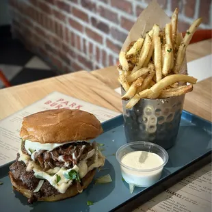 Birria Burger $14 (Rating: 9/10) Truffle Parmesan Fries $5.25 (Rating: 7.5/10)