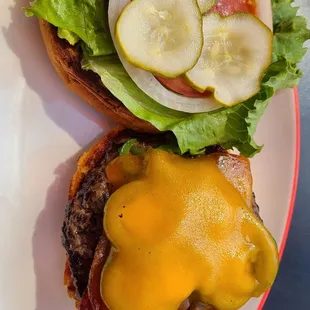 cheeseburger with pickles and cucumbers