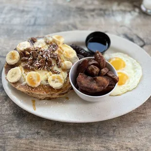 Caramel Banana Pancakes with maple chicken sausages,  potatoes and eggs,