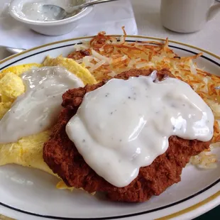 Chicken fried steak, scrambled eggs and hashbrowns. Very good and filling!
