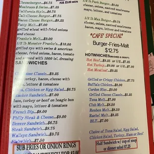 a menu for burgers and sandwiches