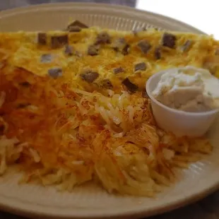 The gyros omelette is only minimal thin gyro meat and nothing else.