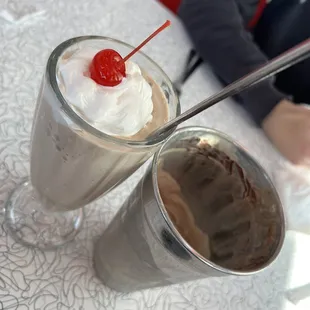 a chocolate milkshake with a cherry on top