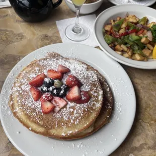 Pancakes are some good and very filling. Breakfast potatoes are super tasty with a but of spiciness.