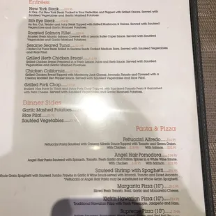 Dinner menu