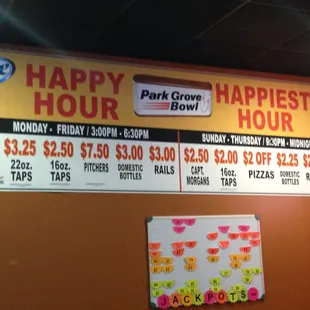 Happy hour and Happiest hour specials.