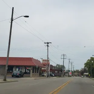 a view of a street in a small town