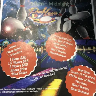 Pricing for Friday and Saturday night bowling.