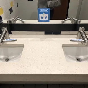 Bathroom sinks. The faucets are also hand dryers!