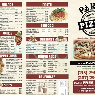 the menu for the park pizza lounge