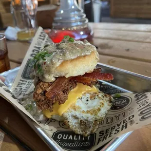 Chicken, egg biscuits and gravy