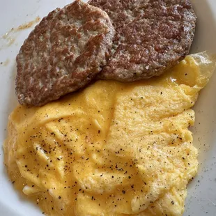 soft scrambled eggs with turkey sausage.