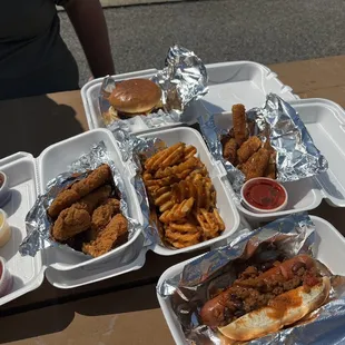 All the food- Chicken Tenders, waffle fries, chili dog, mozzarella sticks, burger