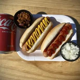Hot dogs, Coke and some of the toppings you can get