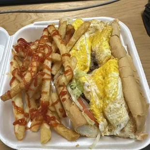 Great customer service! Food is made fresh to order. Philly Cheese steak with egg in it! So good! With a side of fries!