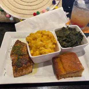 Blackened salmon, greens, and Mac n cheese