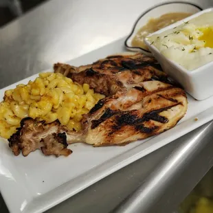 grilled chicken, mashed potatoes, and corn