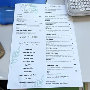 the menu for the park plaza fine foods