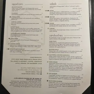 Menu (appetizers, salads, sandwiches)