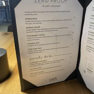 Drinks menu, Non-Alcoholic
