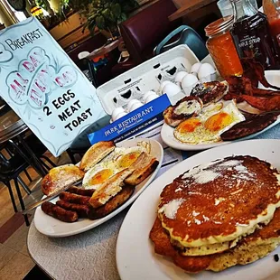 a breakfast of pancakes and eggs