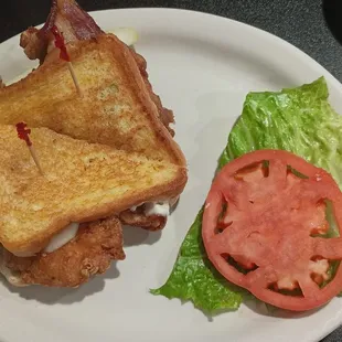 Texas Chicken melt you serve the Texas toast large cuts of bacon and all the fixings you could possibly ask for it.