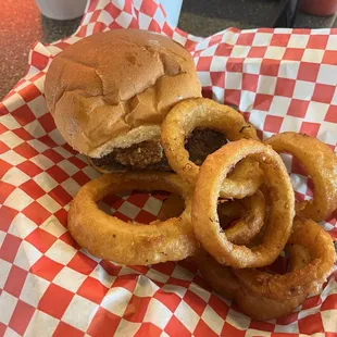 Double burger all the way with onion rings