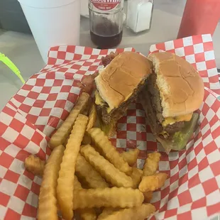 Bacon double cheeseburger with fries and Cheerwine soda