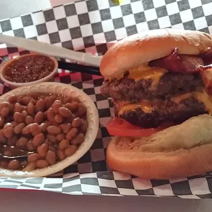 Double cheese burger with baked beans. Delicious
