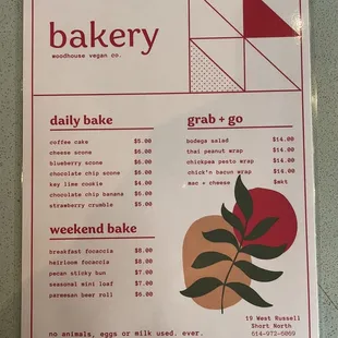a menu for a bakery