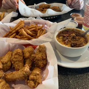 Breaded wings, beer battered fries and chili