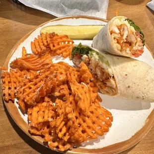 buffalo chicken wrap, sweet potato fries
