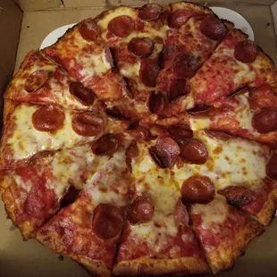 Large pepperoni on regular thick crust.