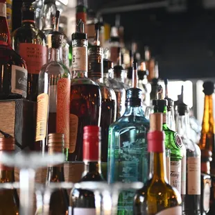 a row of liquor bottles