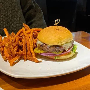 Burger with sweet potato fries