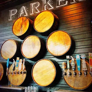 Beer taps behind the bar.