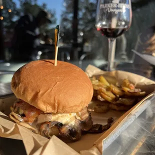 P-B Burger: Jalapeño Pimento Cheese, Grilled Onions, Old Mule Kicked Up BBQ Sauce, and Bacon. I subbed shrooms for grilled onions on mine.
