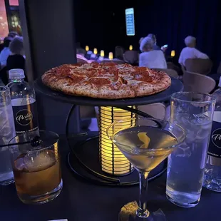 Lavender martini, pepperoni pizza and whiskey.