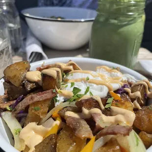 Potato Hash + 16 oz. Green Butter Smoothie (with Spirulina)