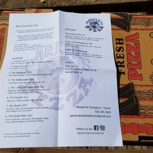 Menu and 2 tasty pizzas