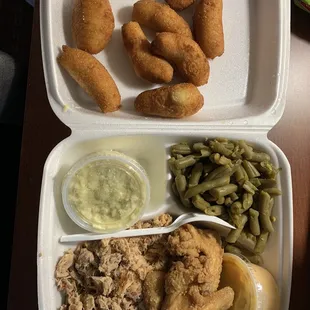 Large BBQ DINNER. 3 wings. Mac and cheese, coleslaw, green beans, hush puppies.