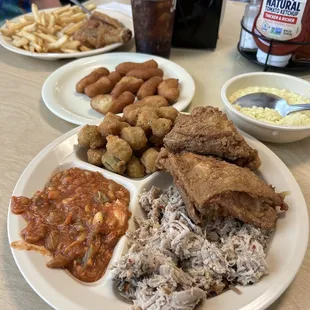 Fried chicken, bbq, okra, Brunswick stew